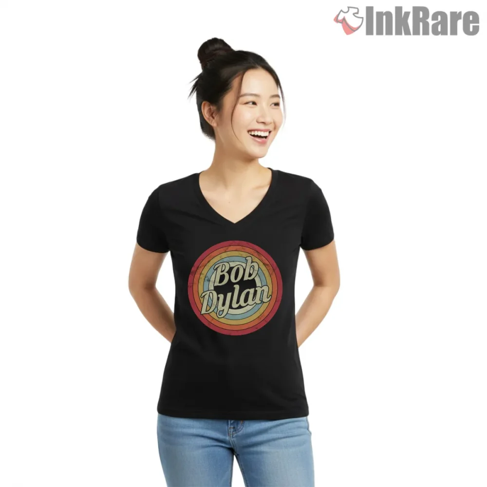 Bob Dylan Retro Rainbow Circle Logo Shirt on black v-neck shirt for women graphic tee