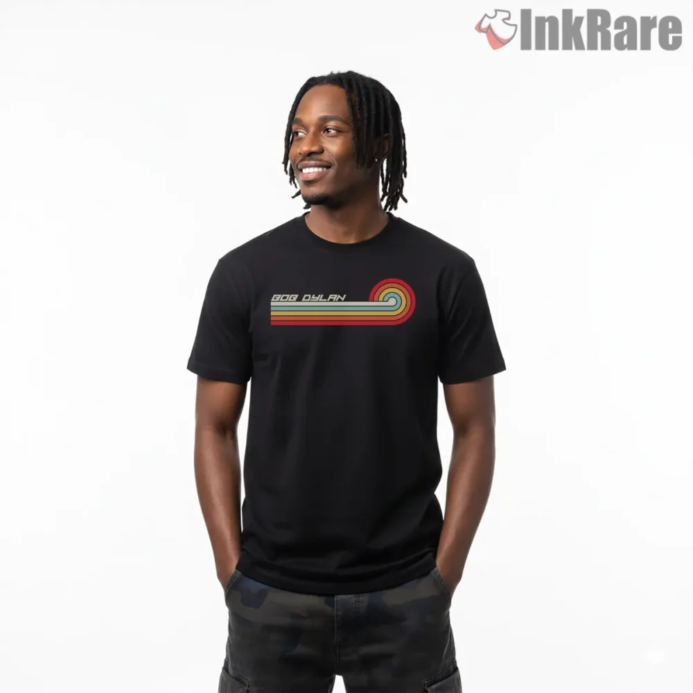 Bob Dylan Retro Stripe Logo Horizontal Shirt on black short sleeve shirt for men graphic tee