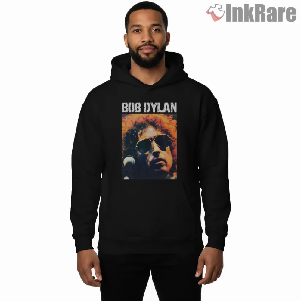 Bob Dylan Retro Sunglasses Stage Icon Shirt on black hoodie for men graphic tee