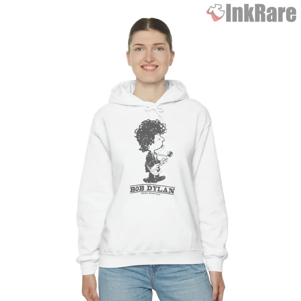 Bob Dylan Road Drawings Cartoon Tribute Shirt on white hoodie for women graphic tee