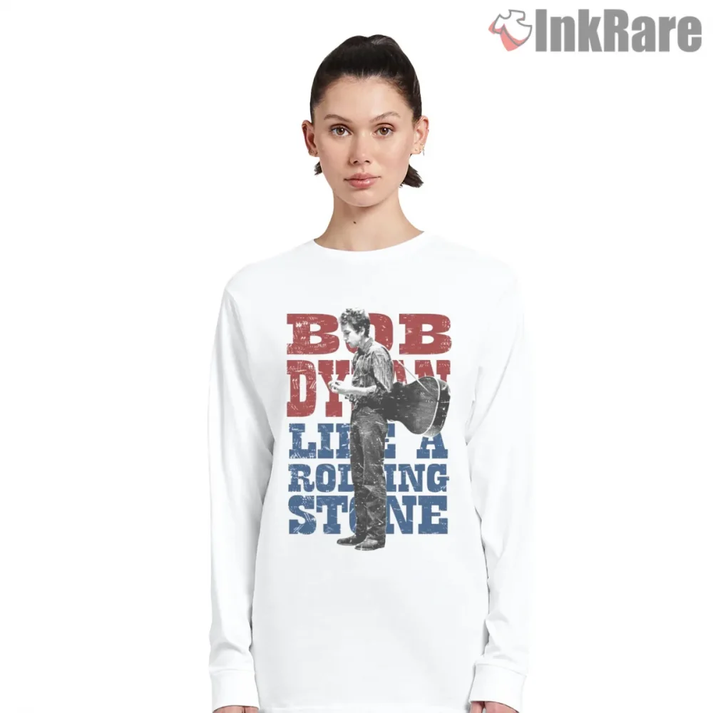 Bob Dylan Rolling Stone Rock Poster Shirt on white long sleeve shirt for women graphic tee