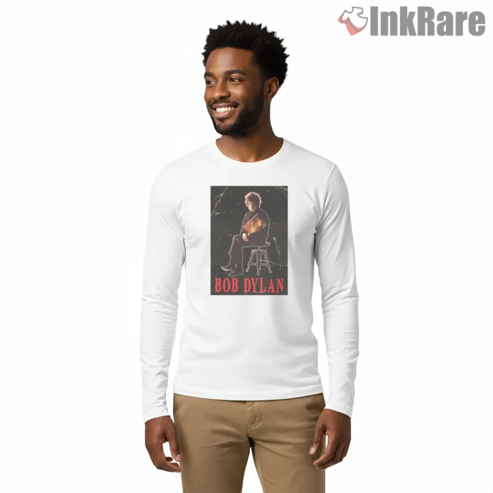Bob Dylan Seated Folk Vintage Portrait Shirt on white long sleeve shirt for men graphic tee