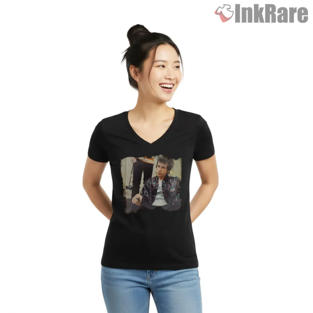 Bob Dylan Seventies Candid Vintage Portrait Shirt on black v-neck shirt for women graphic tee