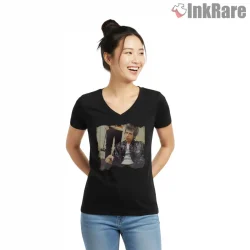 Bob Dylan Seventies Candid Vintage Portrait Shirt on black v-neck shirt for women graphic tee