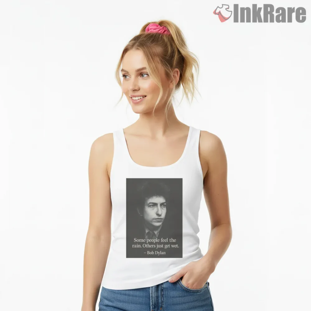 Bob Dylan Seventies Folk Quote Portrait Shirt on white tank top for women graphic tee