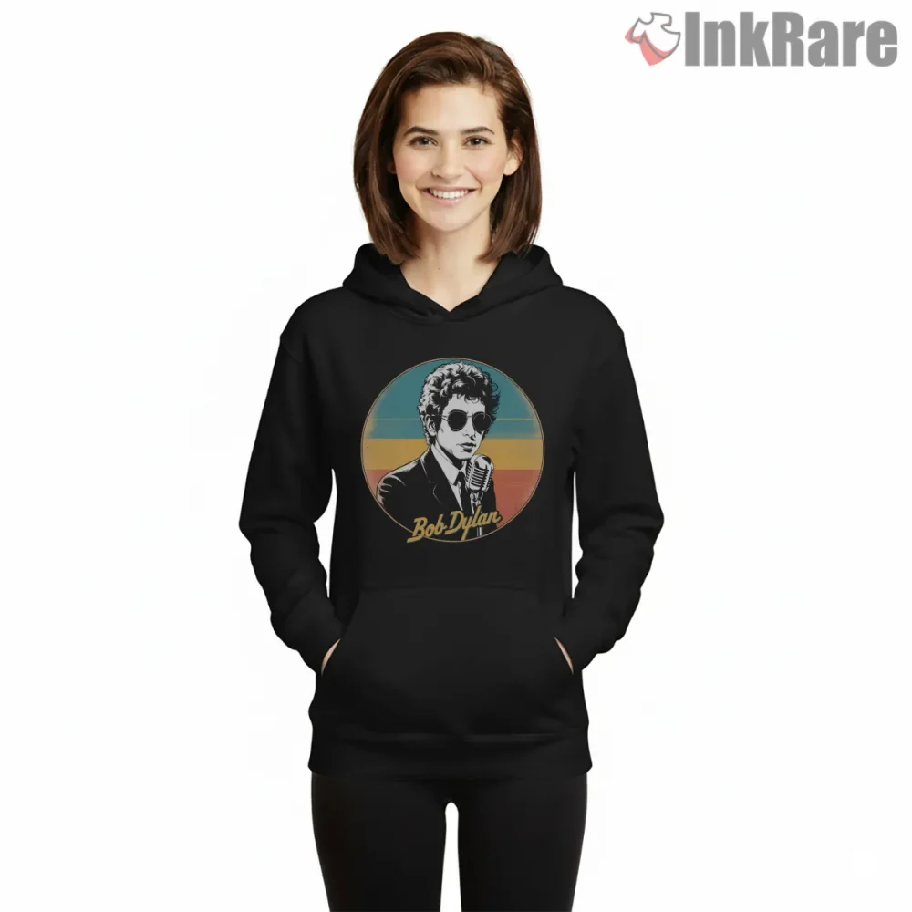 Bob Dylan Song Poet Retro Badge Shirt on black hoodie for women graphic tee