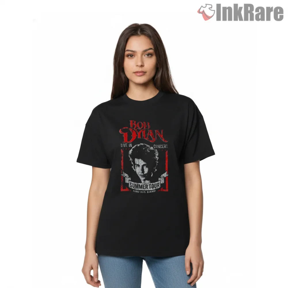 Bob Dylan Summer Tour Vintage Concert Poster Shirt on black short sleeve shirt for women graphic tee