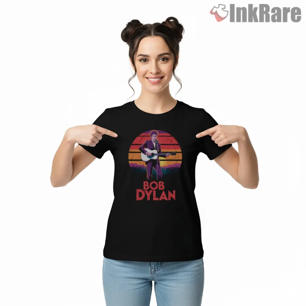 Bob Dylan Sunset Guitar Performance Silhouette Shirt on black short sleeve shirt for women graphic tee
