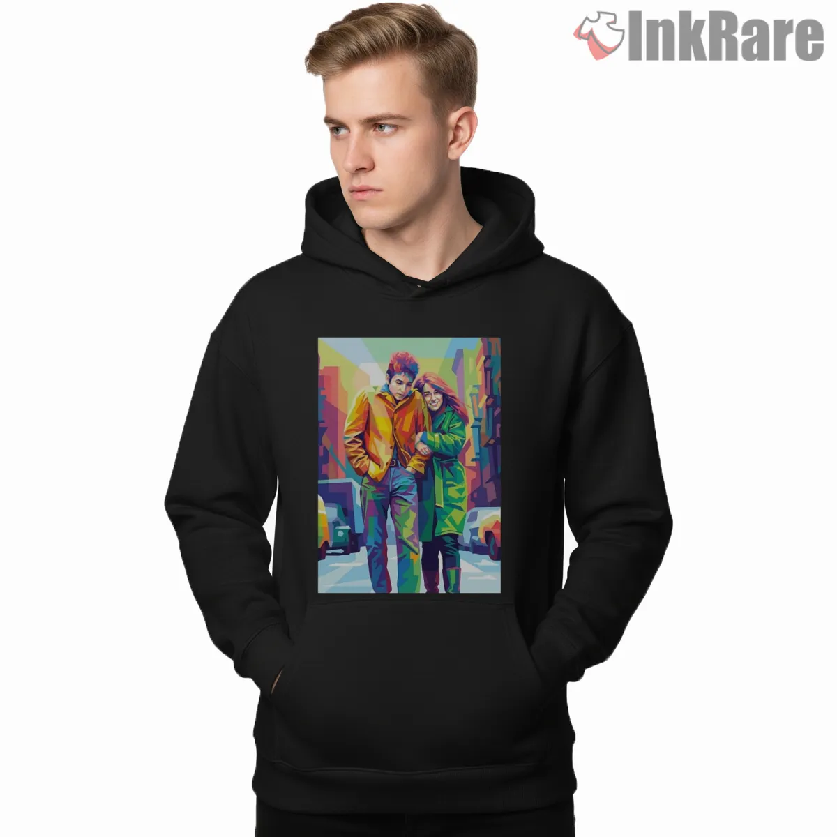 Bob Dylan The Freewheelin Street Scene Hoodie Black Bob Dylan The Freewheelin Street Scene Shirt on black hoodie for men graphic tee