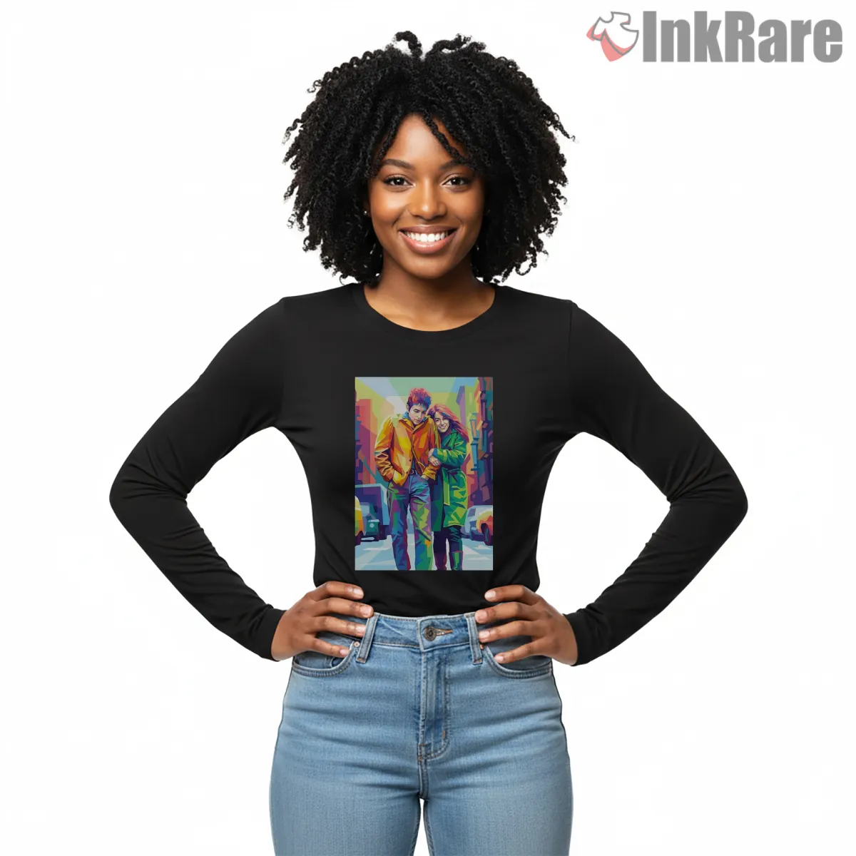 Bob Dylan The Freewheelin Street Scene Long Sleeve Black Bob Dylan The Freewheelin Street Scene Shirt on black long sleeve shirt for women graphic tee