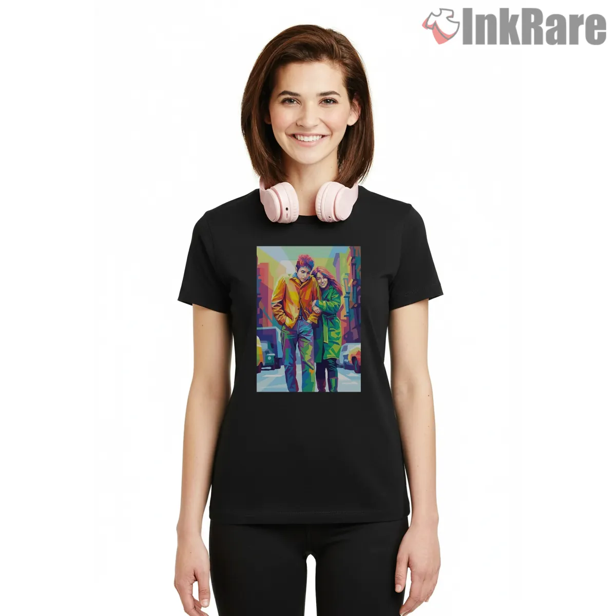 Bob Dylan The Freewheelin Street Scene Shirt on black short sleeve shirt for women graphic tee