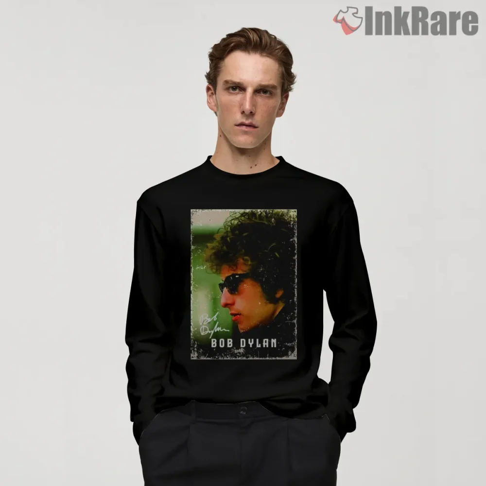 Bob Dylan The Legend Green Vintage Portrait Shirt on black long sleeve shirt for men graphic tee