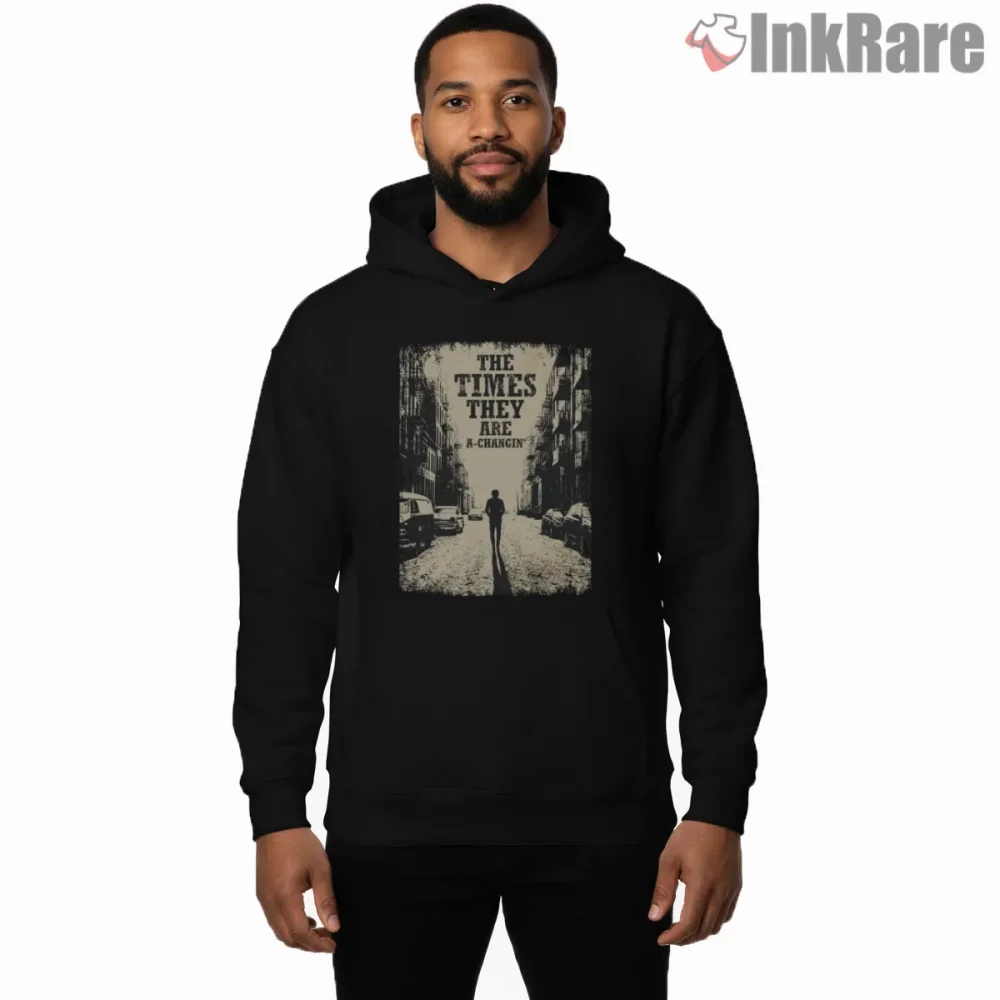Bob Dylan The Times They Are A Changin Street Silhouette Shirt on black hoodie for men graphic tee