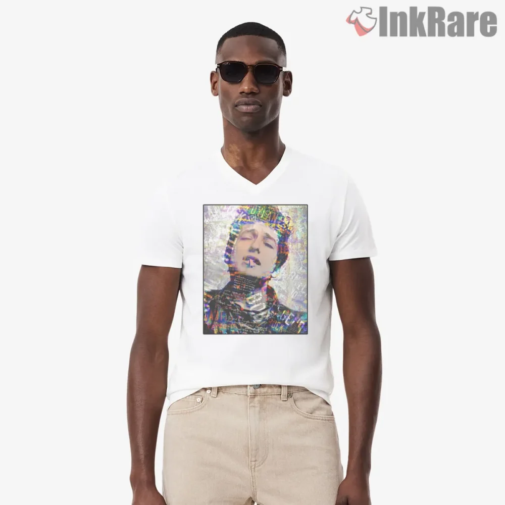 Bob Dylan The Wordsmith Psychedelic Portrait Shirt on white v-neck shirt for men graphic tee