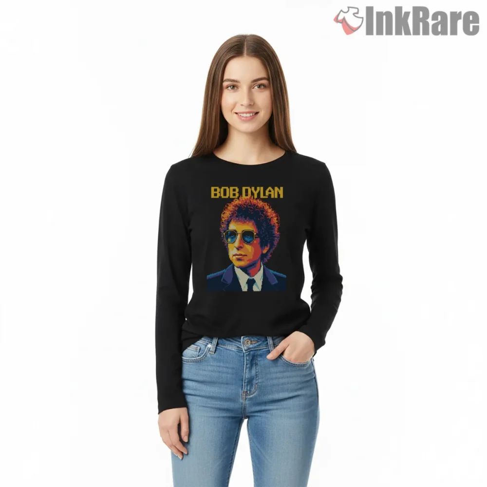 Bob Dylan Timeless Icon Pop Art Sunglasses Shirt on black long sleeve shirt for women graphic tee