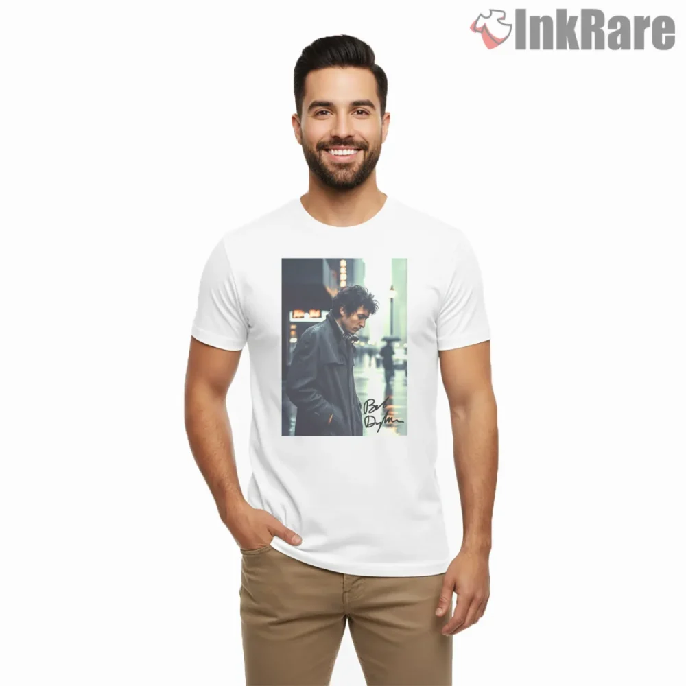 Bob Dylan Urban Night Signature Portrait Shirt on white short sleeve shirt for men graphic tee