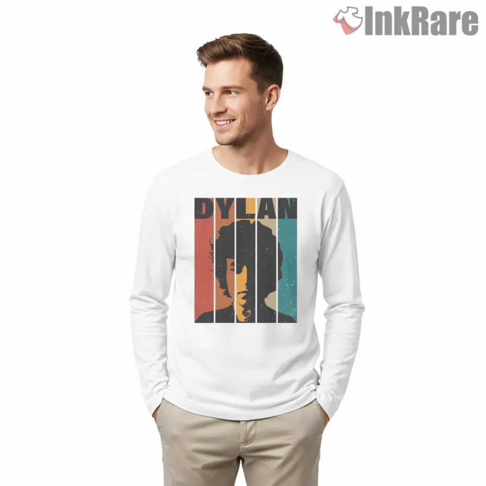 Bob Dylan Vertical Stripe Vintage Silhouette Shirt on white long sleeve shirt for men graphic tee