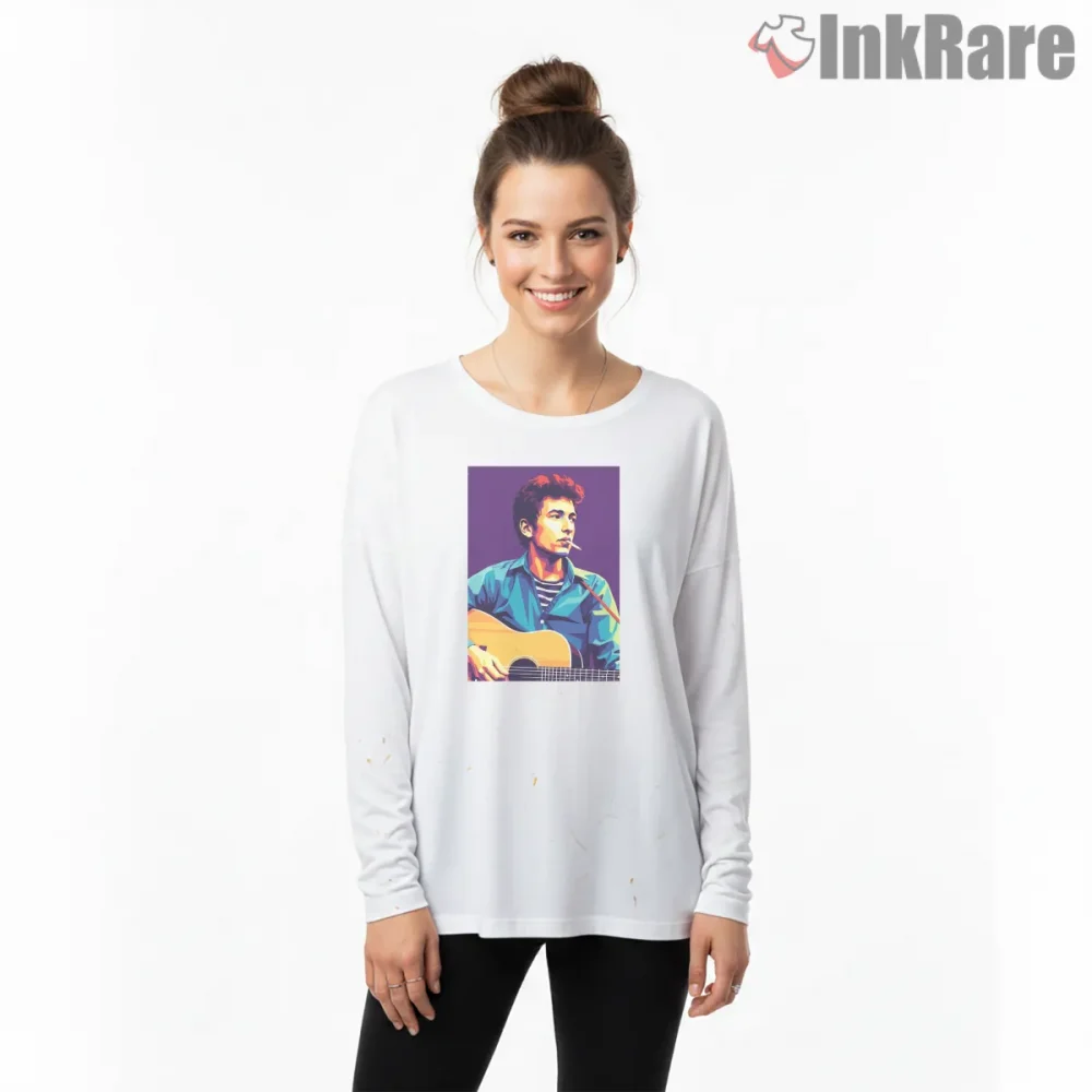 Bob Dylan Vibrant Acoustic Pop Portrait Shirt on white long sleeve shirt for women graphic tee
