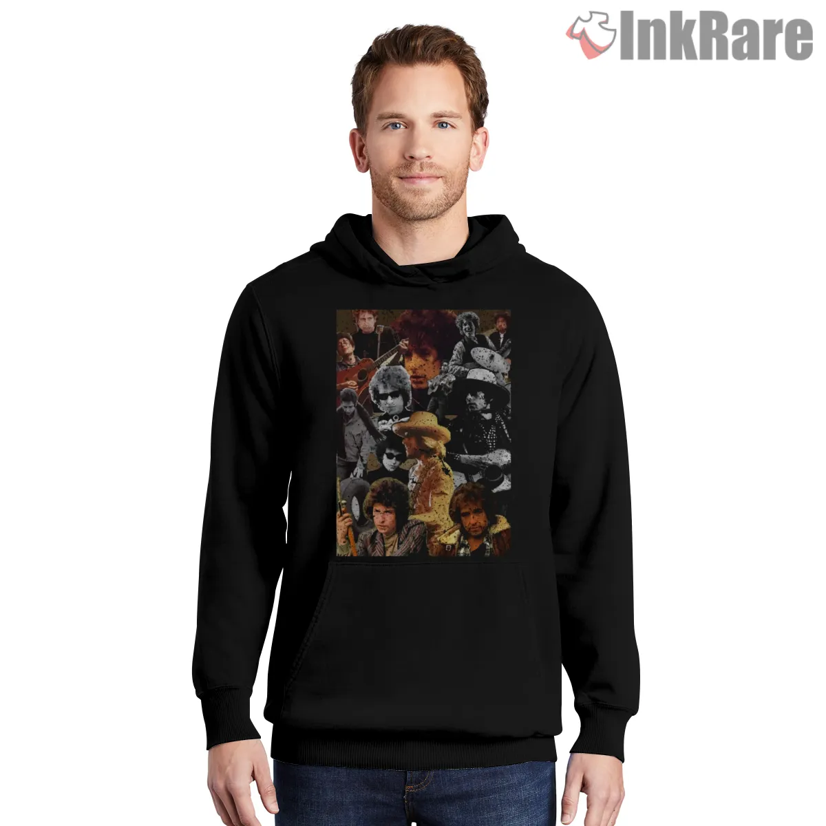Bob Dylan Vintage Bootleg Style Collage Hoodie Black Bob Dylan Vintage Bootleg Style Collage Shirt on black hoodie for men graphic tee