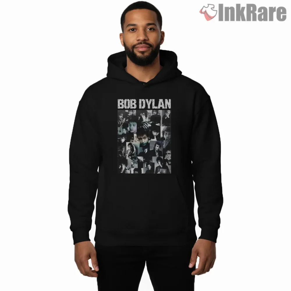 Bob Dylan Vintage Era Photo Collage Shirt on black hoodie for men graphic tee