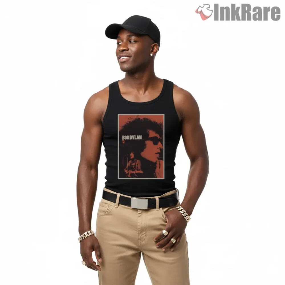 Bob Dylan Vintage Halftone Profile Shirt on black tank top for men graphic tee