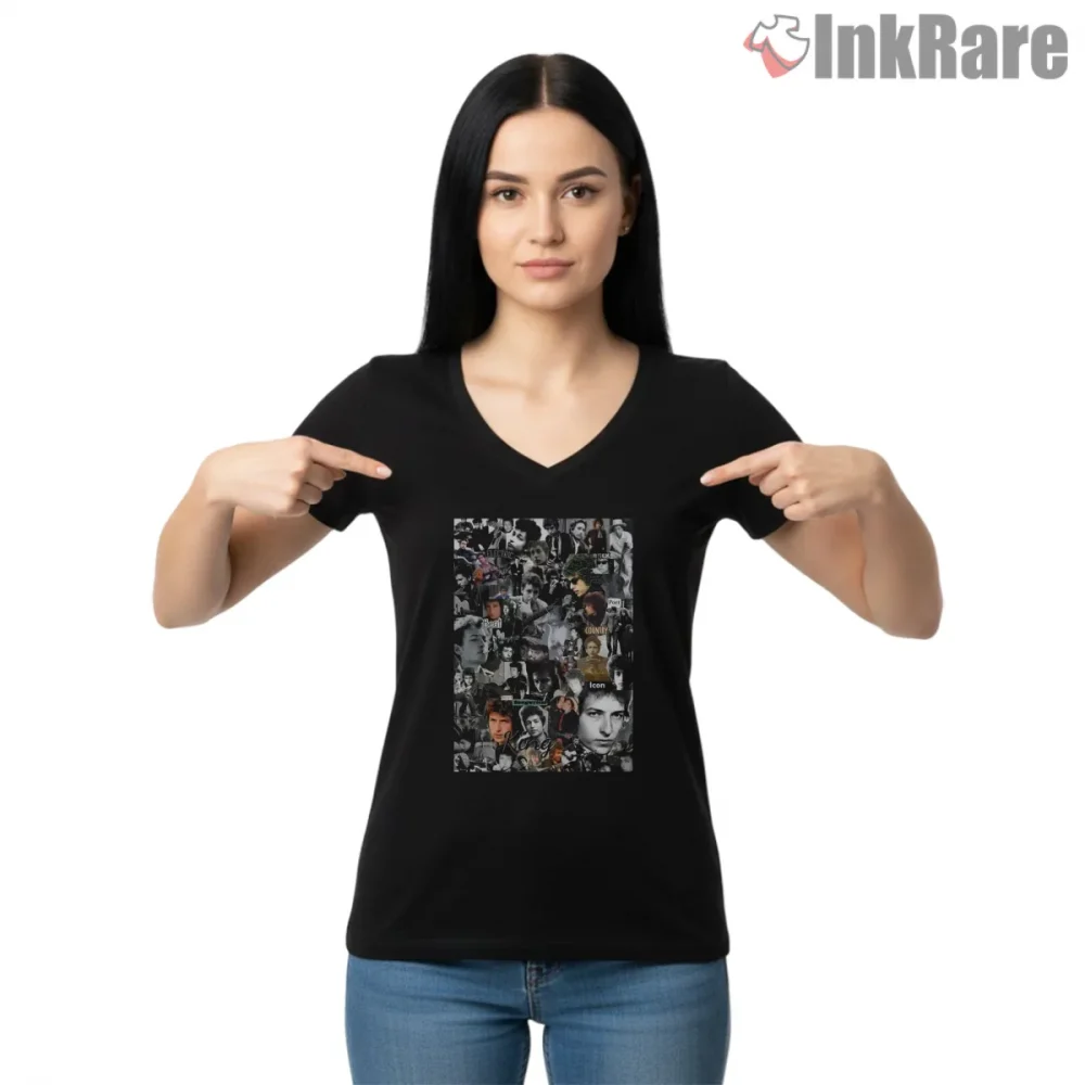 Bob Dylan Vintage Photo Collage Bootleg Shirt on black v-neck shirt for women graphic tee