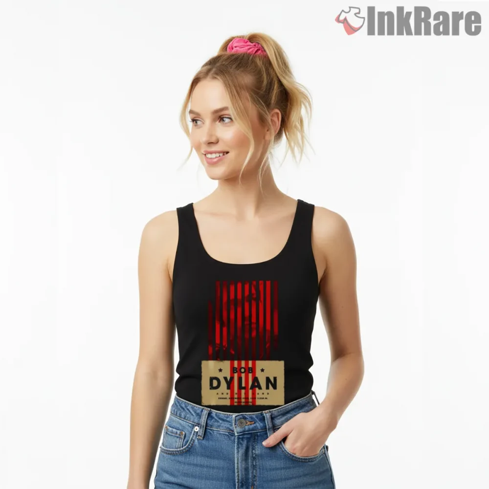 Bob Dylan Vintage Red Stripe Tour Shirt on black tank top for women graphic tee