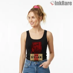 Bob Dylan Vintage Red Stripe Tour Shirt on black tank top for women graphic tee