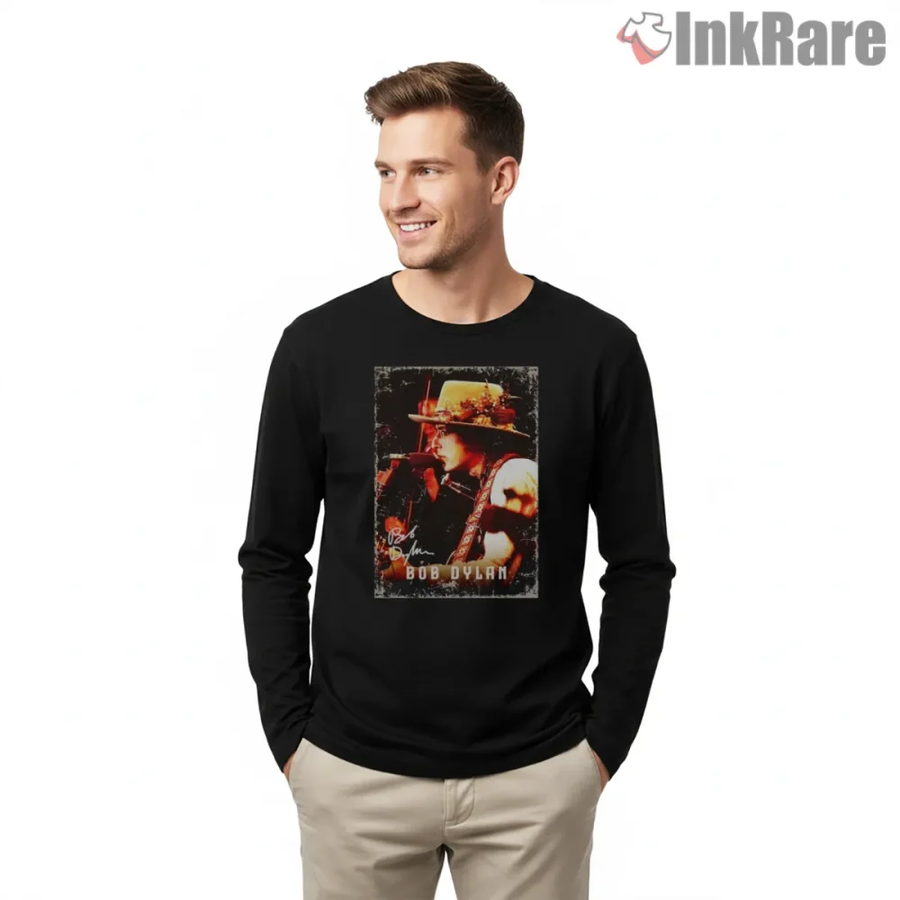 Bob Dylan Vintage Stage Performance Portrait Shirt on black long sleeve shirt for men graphic tee