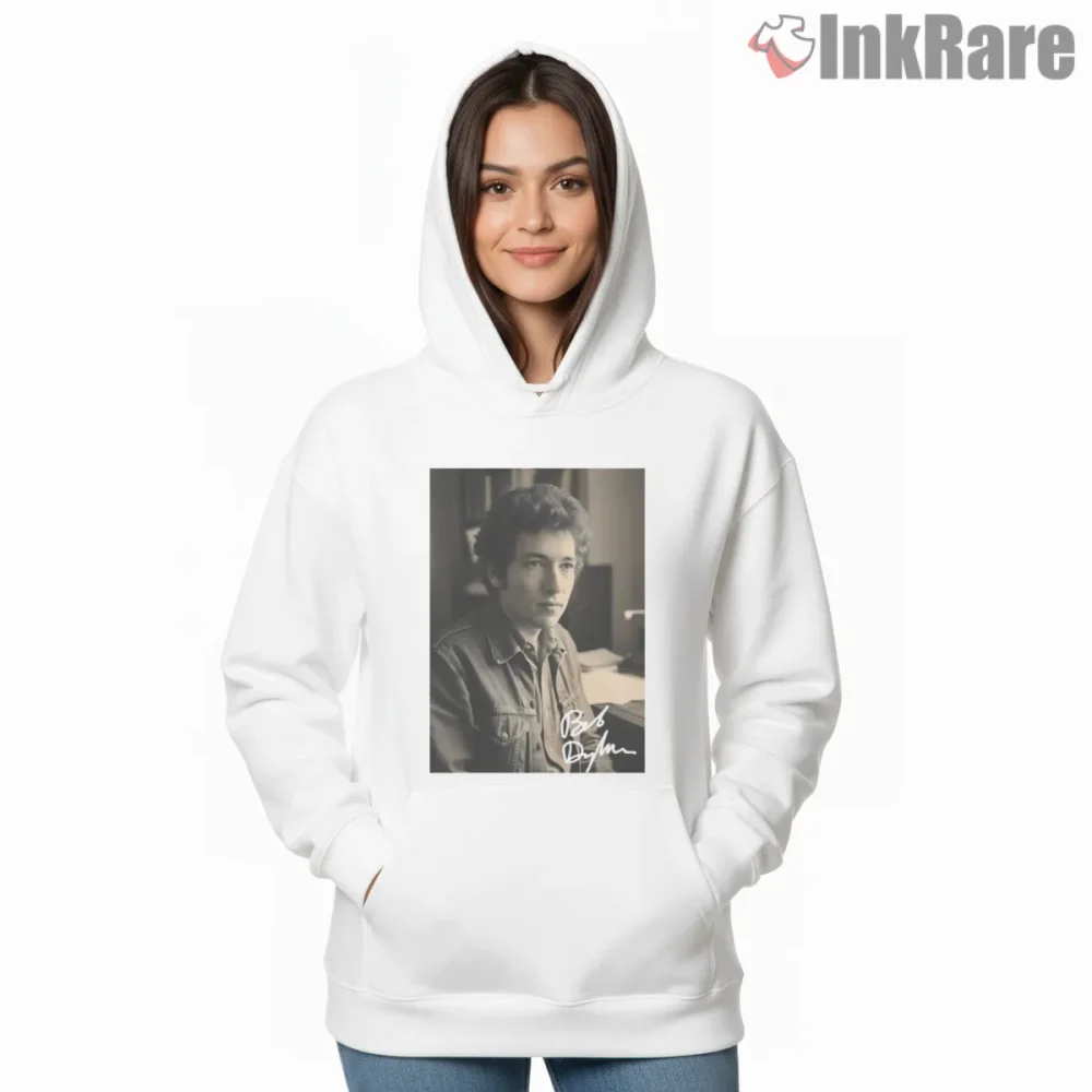 Bob Dylan Warm Retro Studio Portrait Shirt on white hoodie for women graphic tee