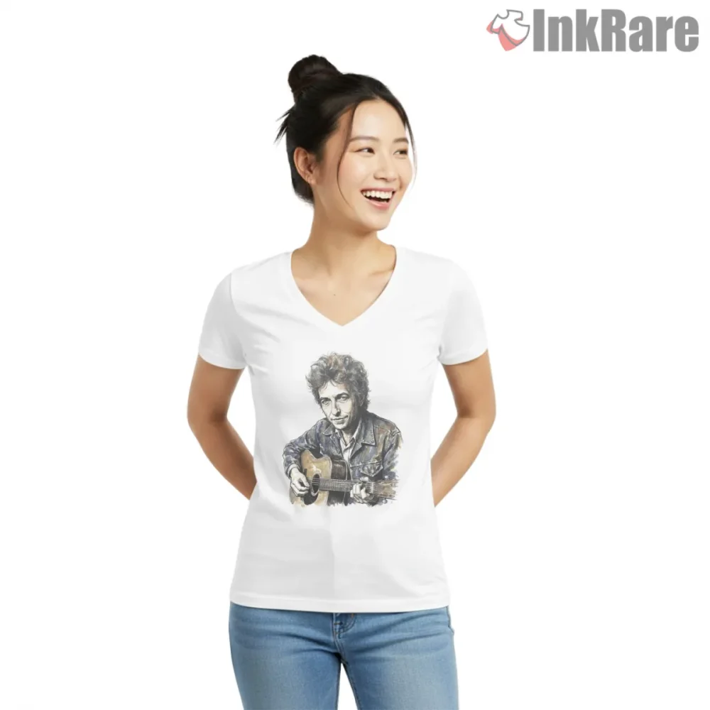 Bob Dylan Watercolor Acoustic Portrait Shirt on white v-neck shirt for women graphic tee