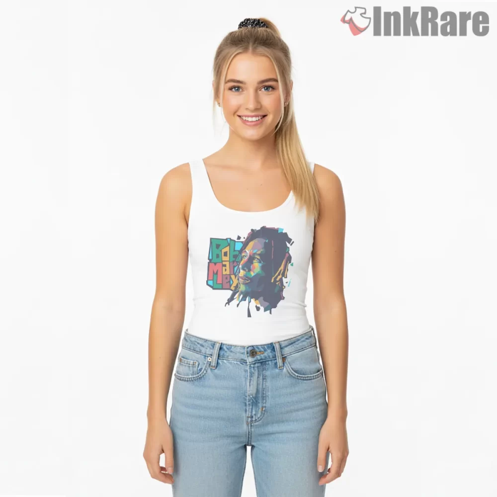 Bob Marley Abstract Reggae Name Portrait Shirt on white tank top for women graphic tee