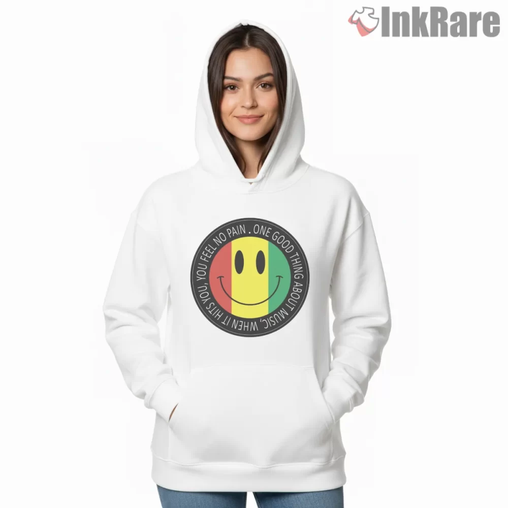 Bob Marley Acid Reggae Smiley Graphic Shirt on white hoodie for women graphic tee