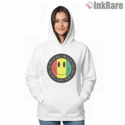 Bob Marley Acid Reggae Smiley Graphic Shirt on white hoodie for women graphic tee