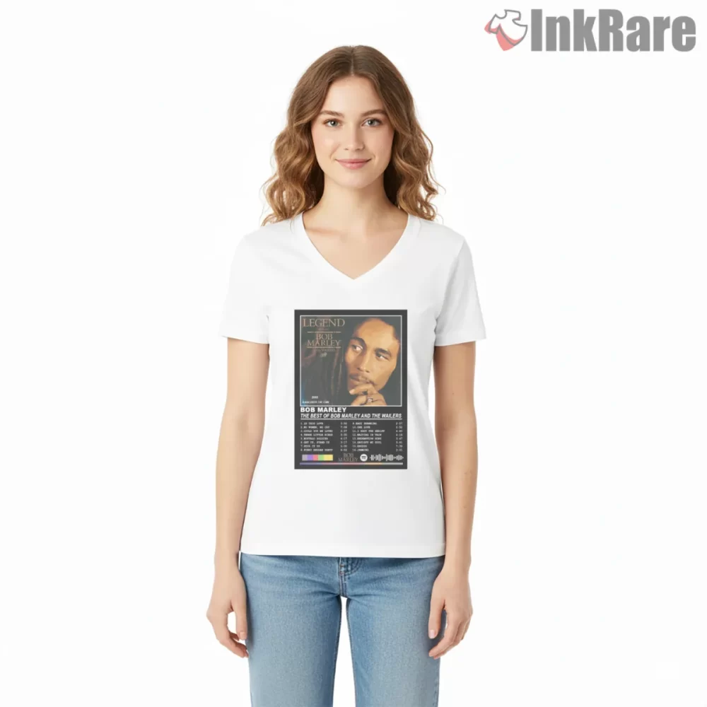 Bob Marley Best Of Tracklist Album Cover Shirt on white v-neck shirt for women graphic tee