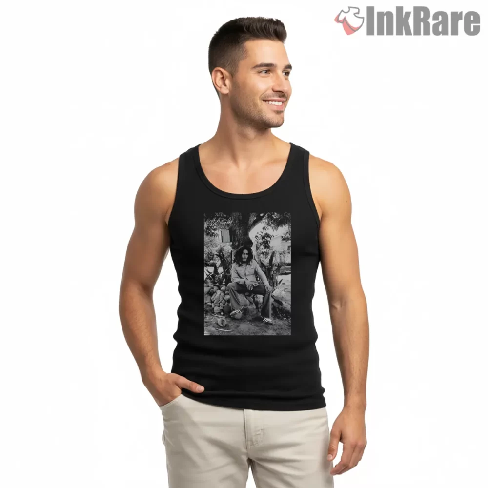 Bob Marley Black And White Roots Portrait Shirt on black tank top for men graphic tee