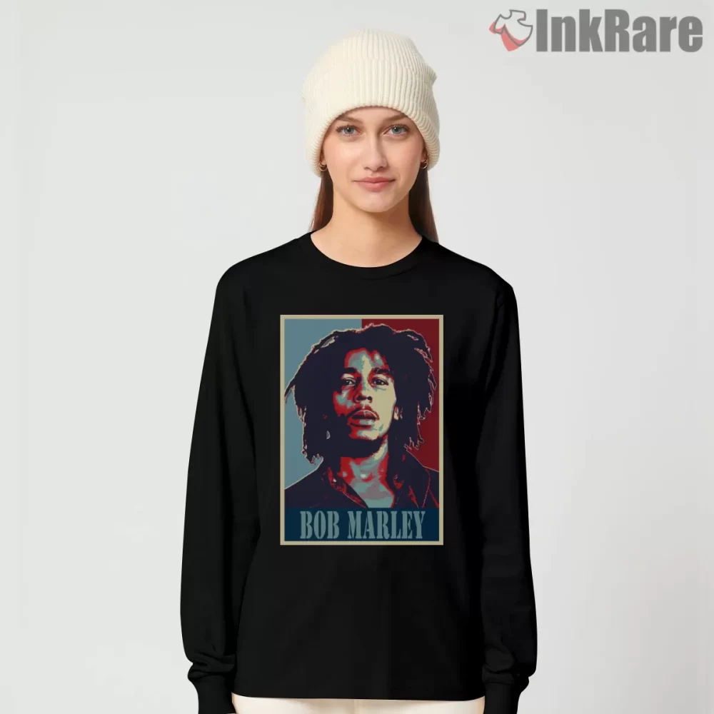 Bob Marley Bold Pop Art Portrait Shirt on black long sleeve shirt for women graphic tee