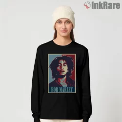 Bob Marley Bold Pop Art Portrait Shirt on black long sleeve shirt for women graphic tee