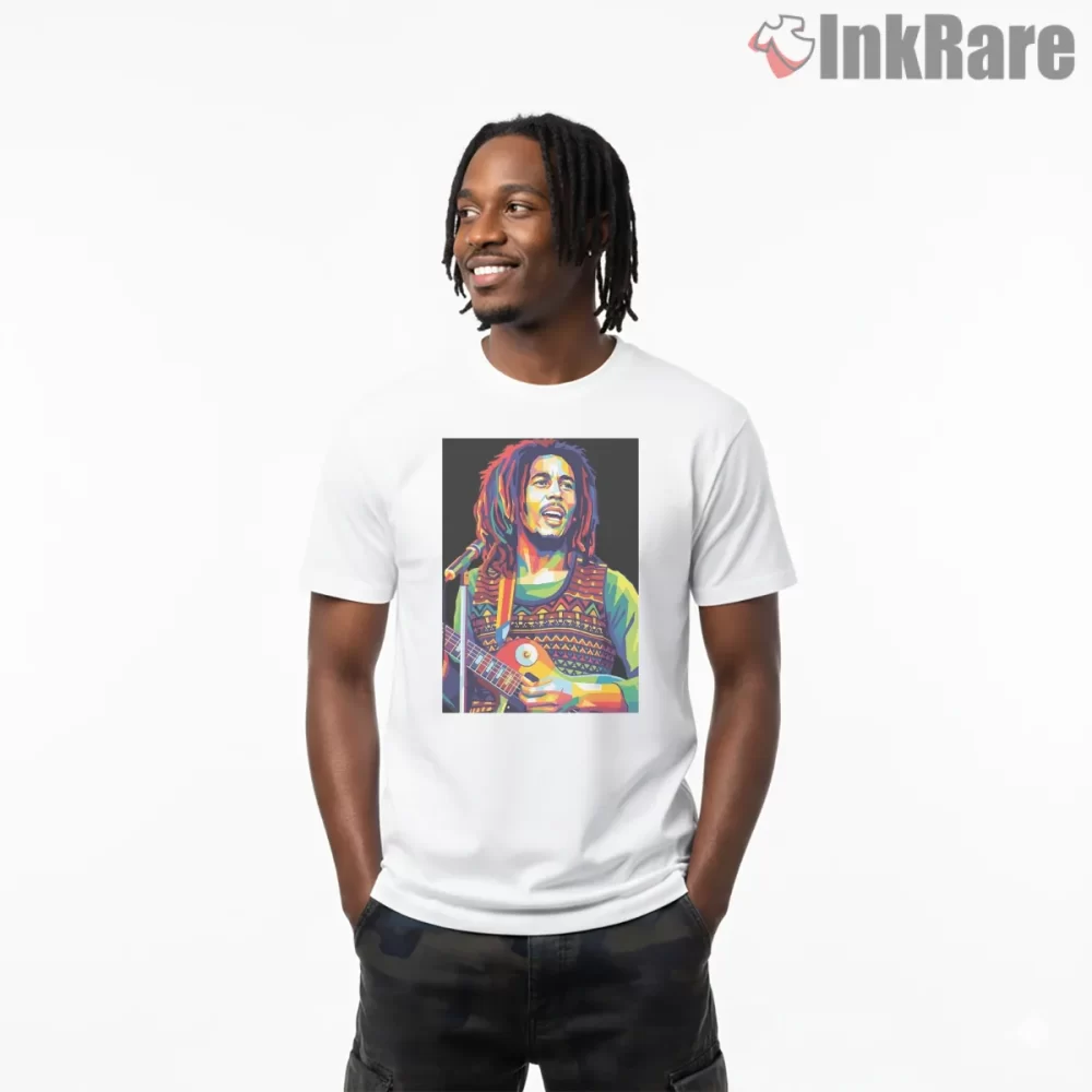 Bob Marley Bold Reggae Pop Art Guitar Shirt on white short sleeve shirt for men graphic tee