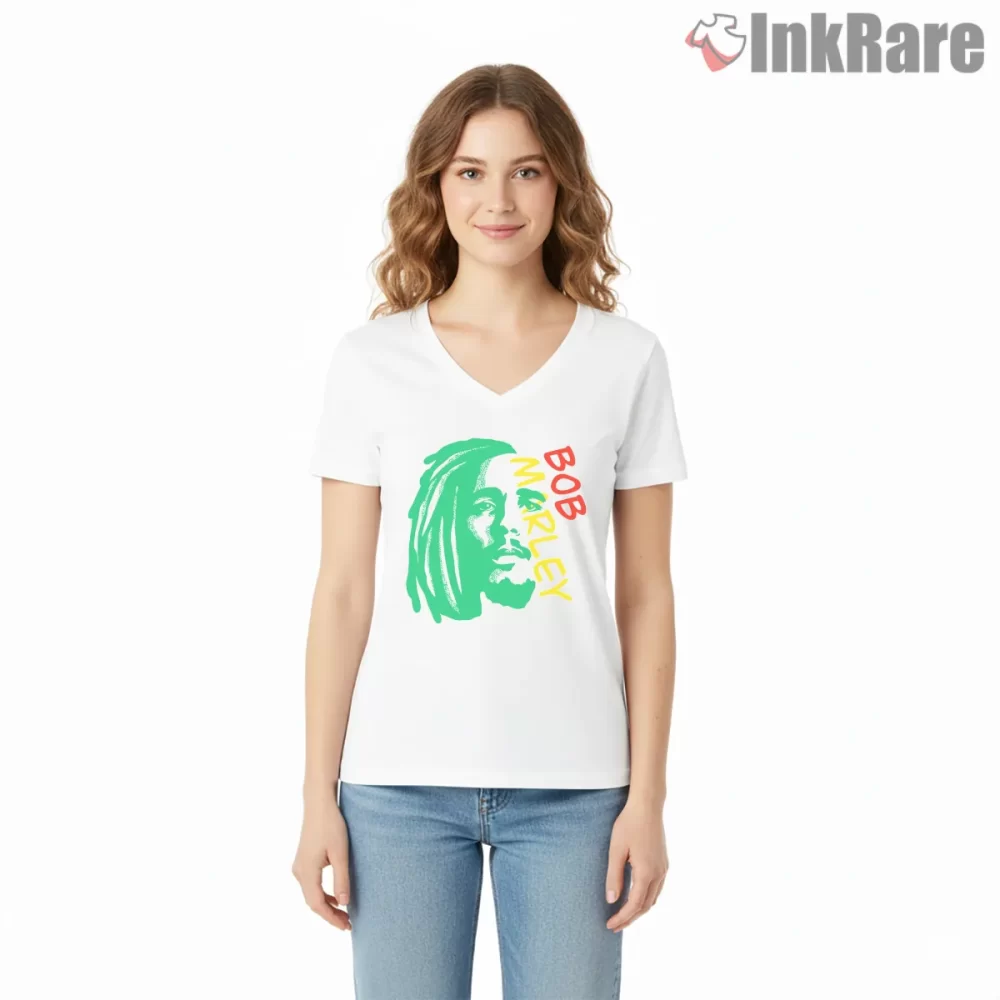 Bob Marley Bold Vertical Name Portrait Shirt on white v-neck shirt for women graphic tee