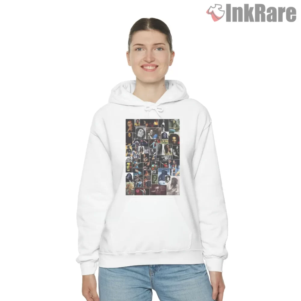 Bob Marley Bootleg Photo Grid Shirt on white hoodie for women graphic tee