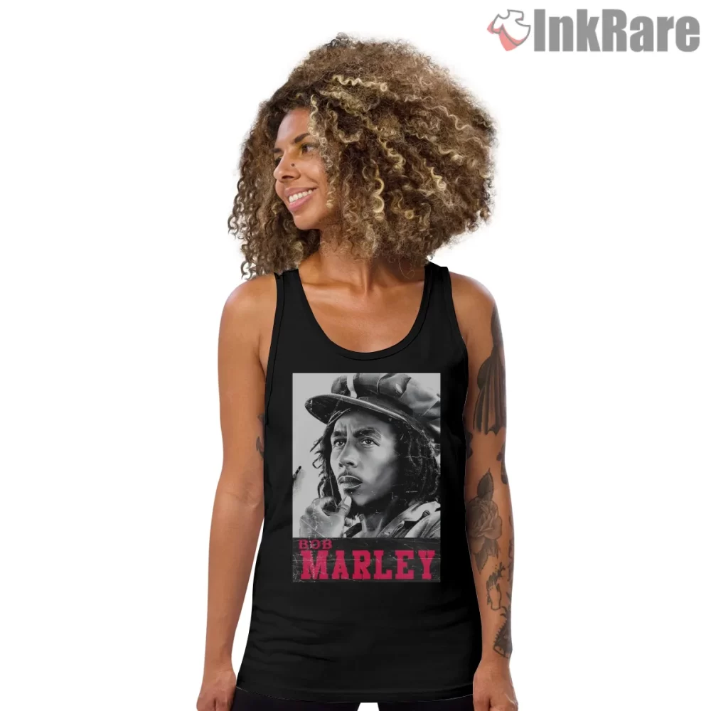 Bob Marley Classic Black And White Icon Shirt on black tank top for women graphic tee