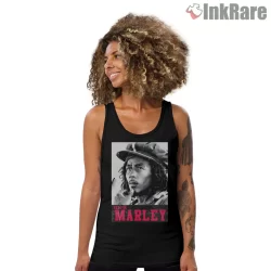 Bob Marley Classic Black And White Icon Shirt on black tank top for women graphic tee