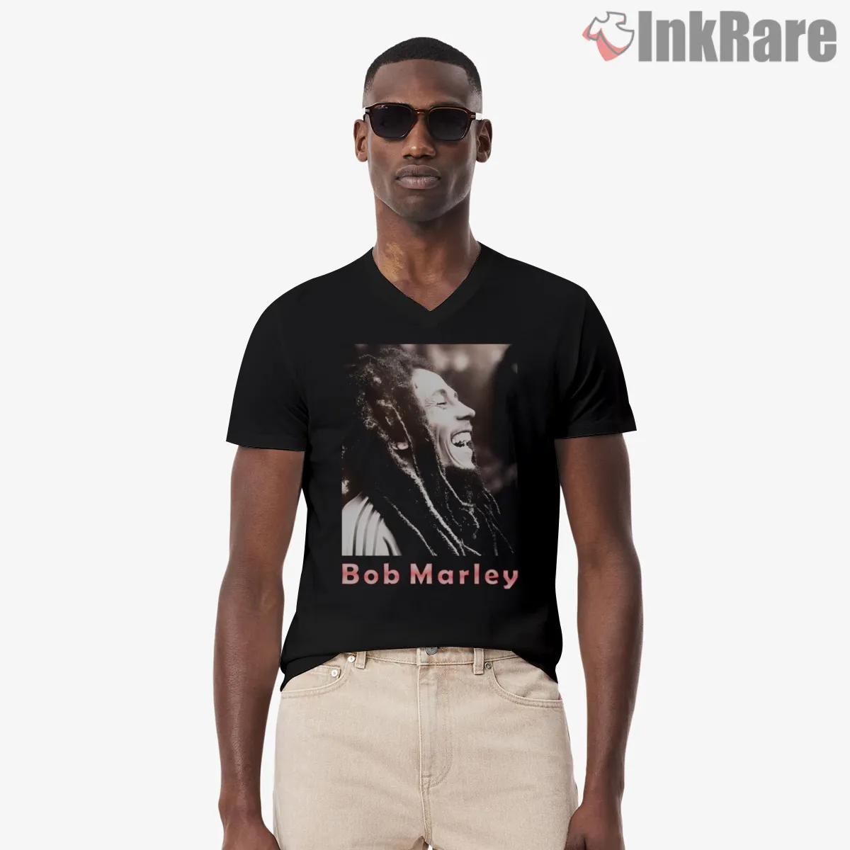 Bob Marley Classic Reggae Portrait V Neck Black Bob Marley Classic Reggae Portrait Shirt on black v-neck shirt for men graphic tee