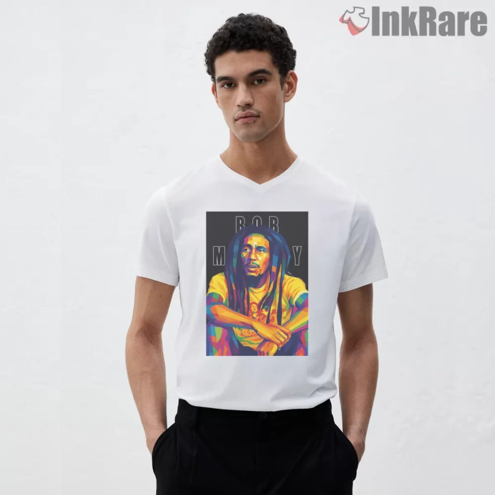 Bob Marley Color Block Pop Art Portrait Shirt on white v-neck shirt for men graphic tee