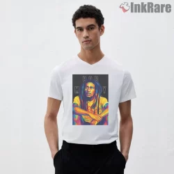 Bob Marley Color Block Pop Art Portrait Shirt on white v-neck shirt for men graphic tee