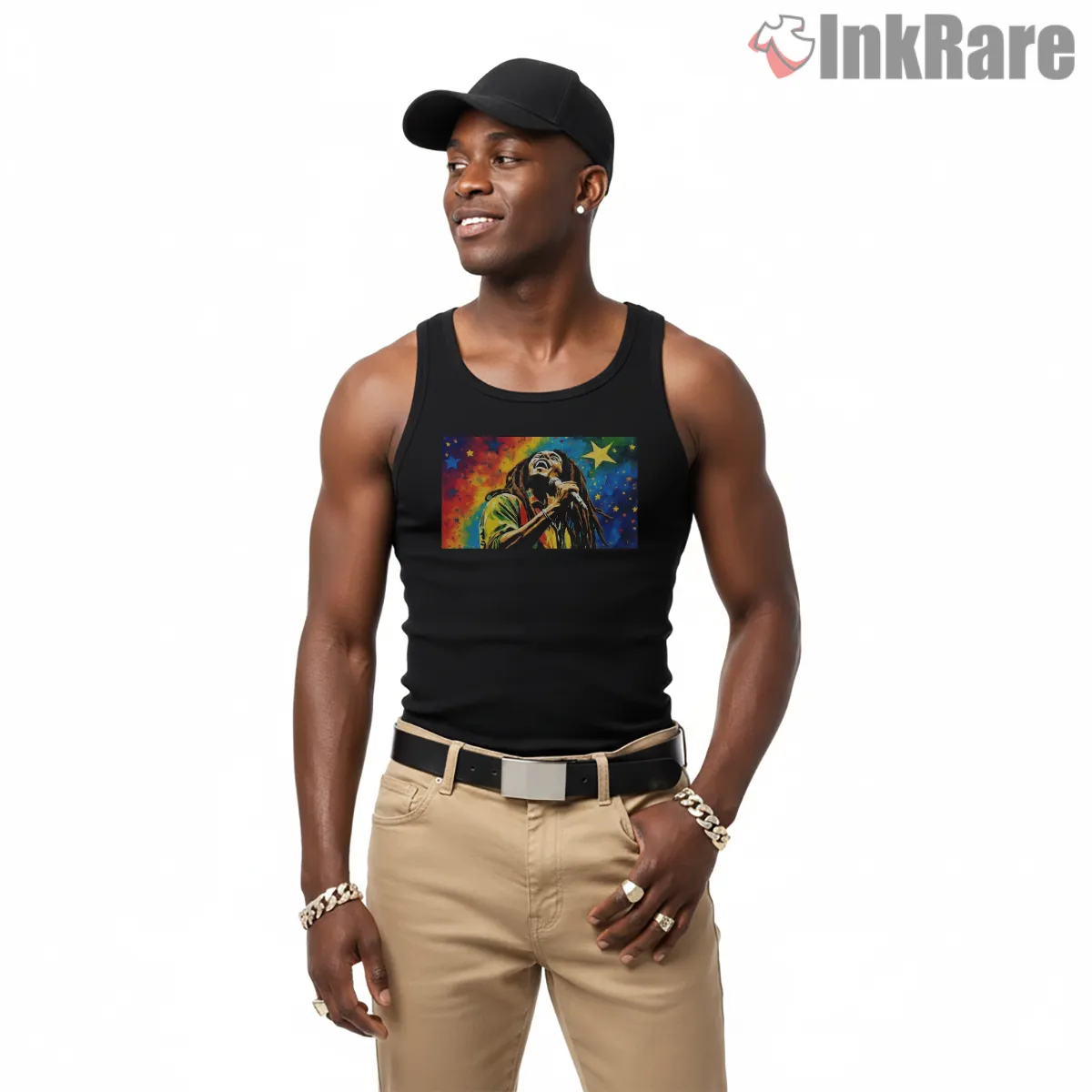 Bob Marley Cosmic Reggae Performance Art Shirt on black tank top for men graphic tee