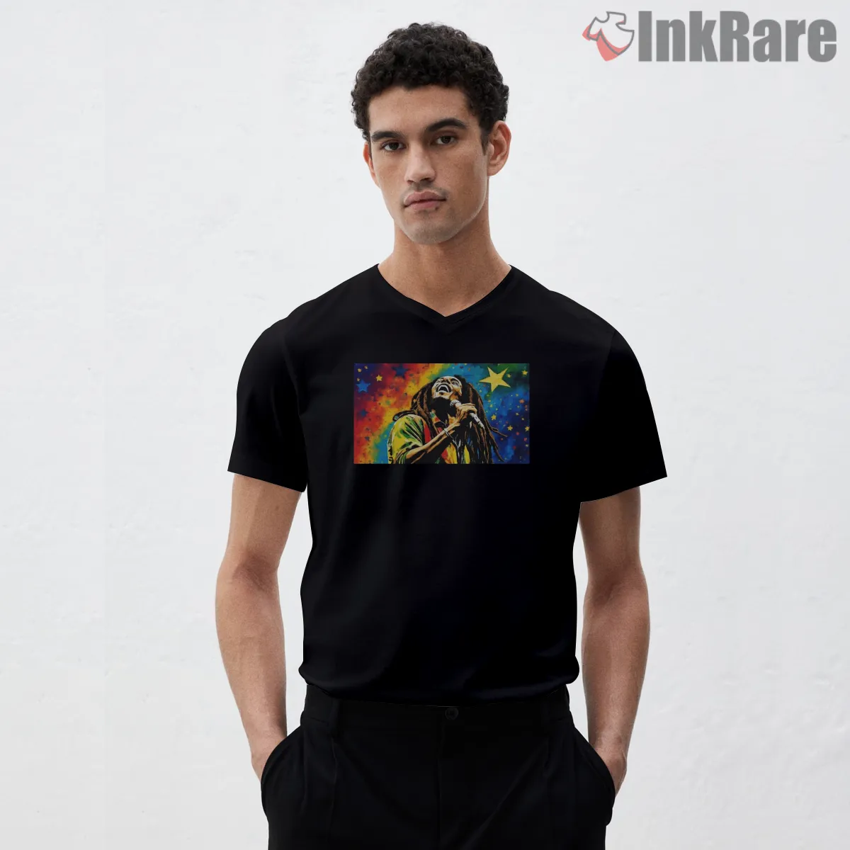 Bob Marley Cosmic Reggae Performance Art V Neck Black Bob Marley Cosmic Reggae Performance Art Shirt on black v-neck shirt for men graphic tee