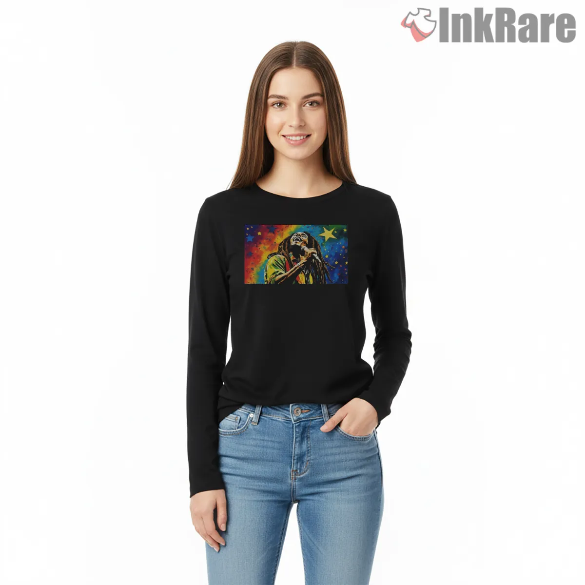 Bob Marley Cosmic Reggae Performance Art Long Sleeve Black Bob Marley Cosmic Reggae Performance Art Shirt on black long sleeve shirt for women graphic tee