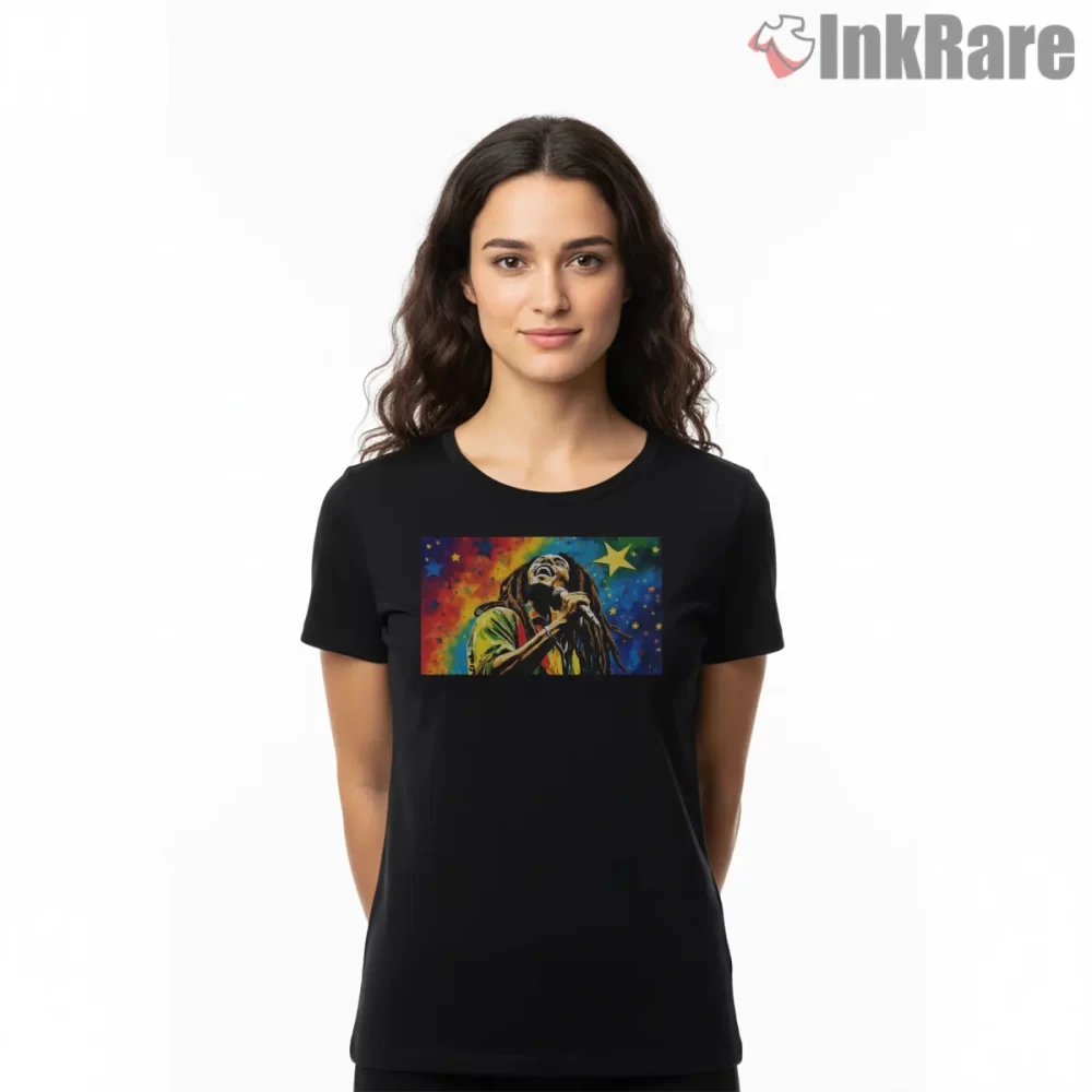 Bob Marley Cosmic Reggae Performance Art Shirt on black short sleeve shirt for women graphic tee